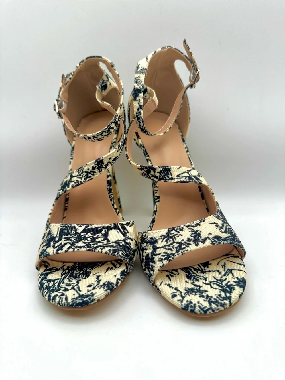 Black & Cream Floral Print Ankle Strap Heels - Size 38 - New